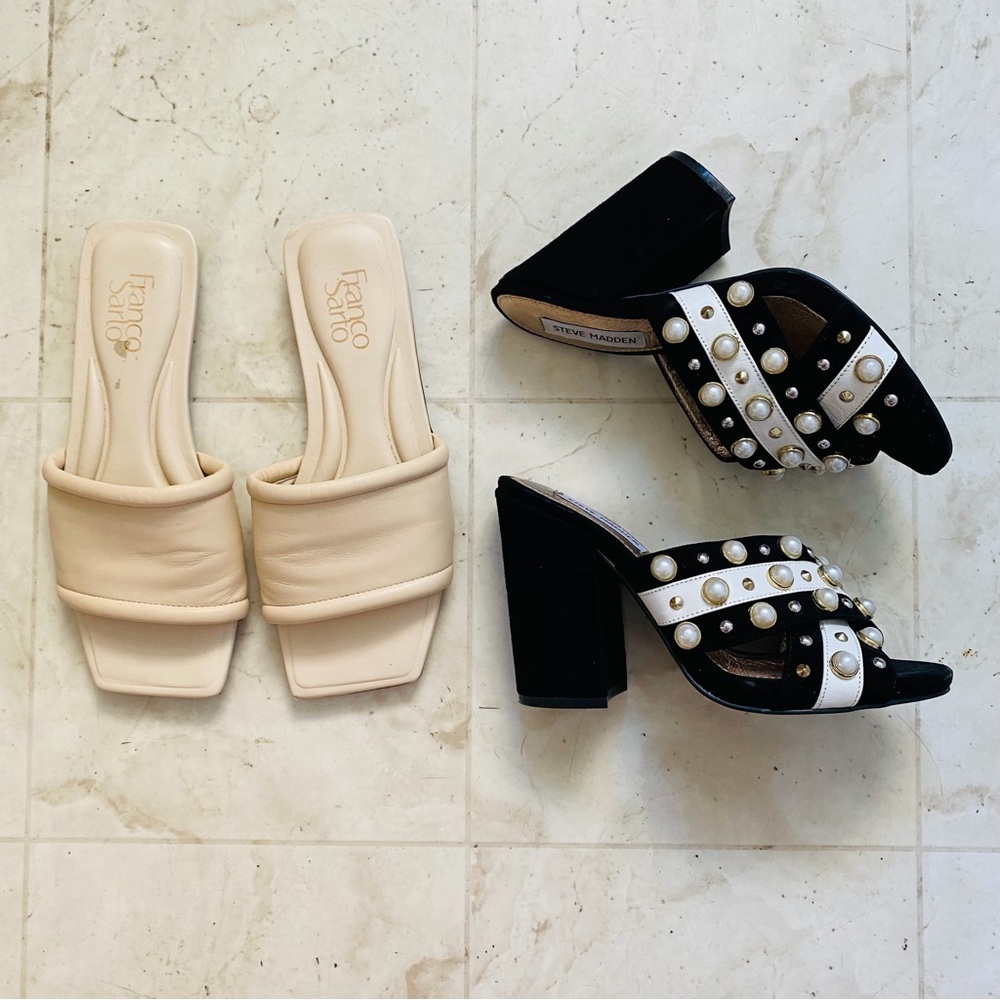 Steve Madden Cove Black Suede Pearl Sandals, Franco Sarto Caven Leather Sandals